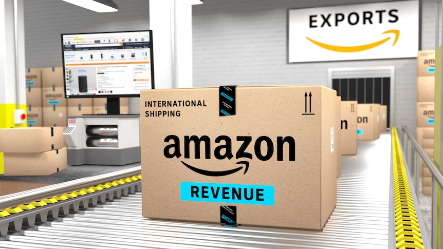 An amazon shipping box marked as 'revenue' on a factory line to an 'exports' area.