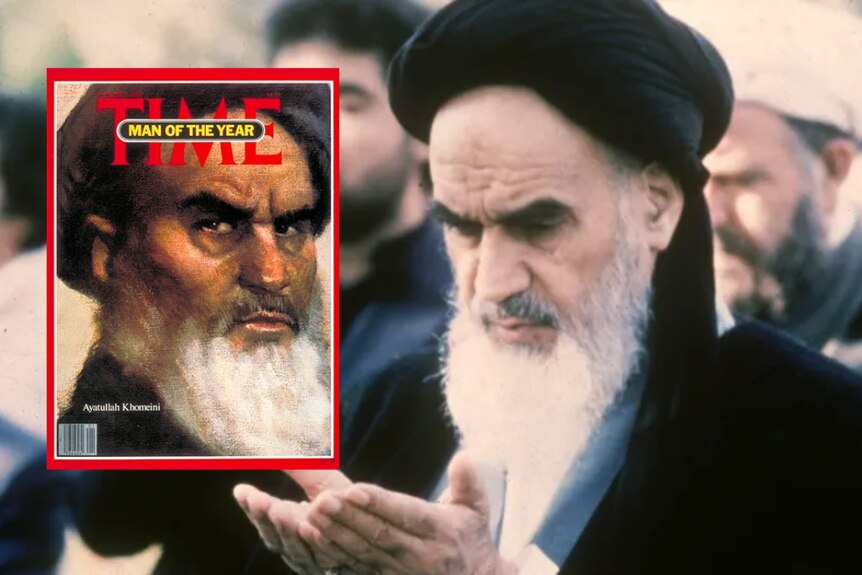 Khomeini with his person of the year magazine cover as inset 
