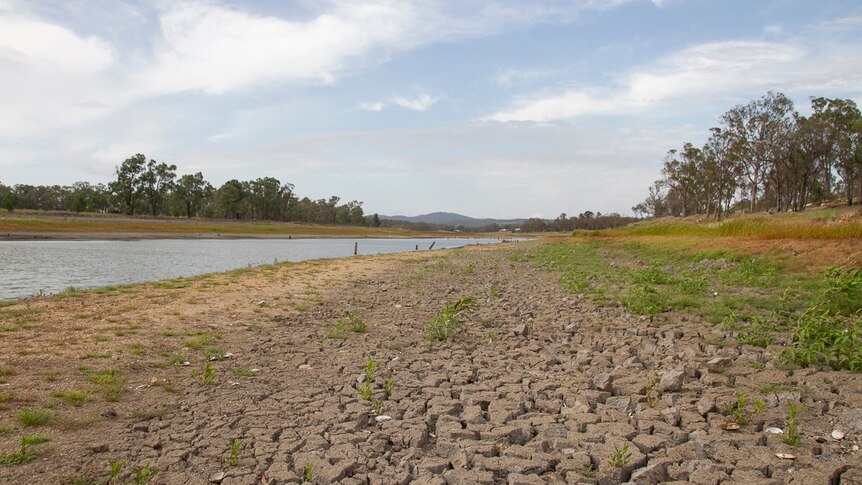 Cracked dry earth at Storm King Dam in Stanthorpe in southern Queensland in January 2020.