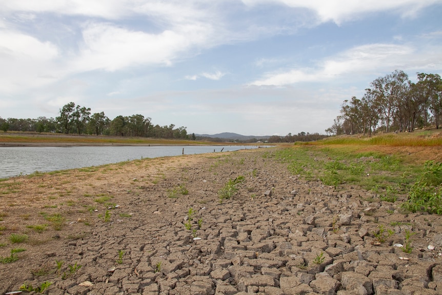 Cracked dry earth at Storm King Dam in Stanthorpe in southern Queensland in January 2020.