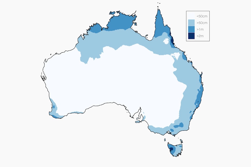 Median rainfall points over the past 30 years, showing Tully as bright blue in far north Queensland.