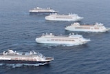 Aerial photo of five P&O Cruises ships in formation.
