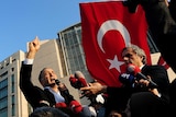 Ekrem Dumanli, editor-in-chief of Turkey's top-selling newspaper speaks to demonstrators