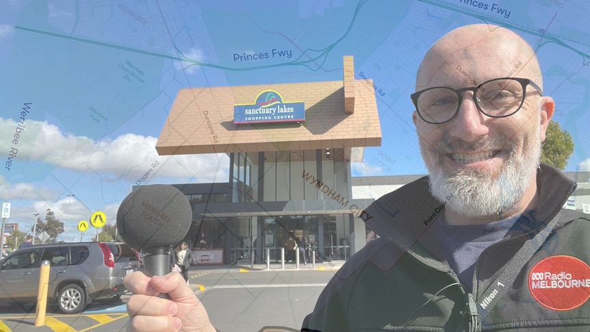 Composite image of a transparent map of Point Cook electorate over a photograph of Raf Epstein holding mic at shopping centre.