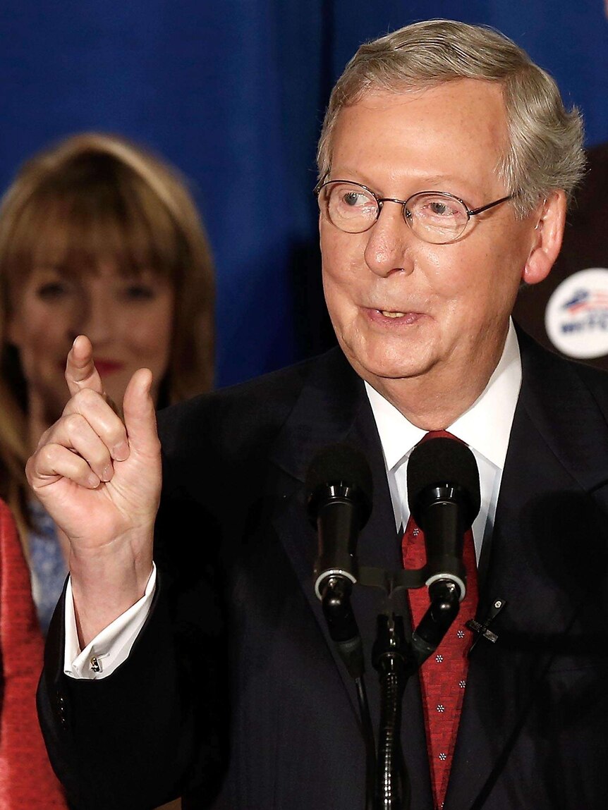 Senator Mitch McConnell speaks to supporters following his victory in the state Republican Primary.