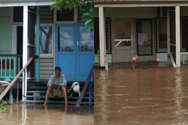 A before and after shot of a man sitting in floodwaters to show how much the water levels has risen