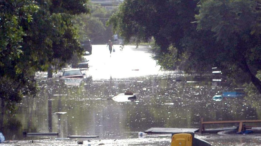 A man surveys the debris floating in the floodwaters