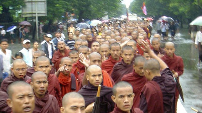 Defiance: Buddhist monks marching in Rangoon
