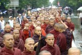 Defiance: Buddhist monks marching in Rangoon