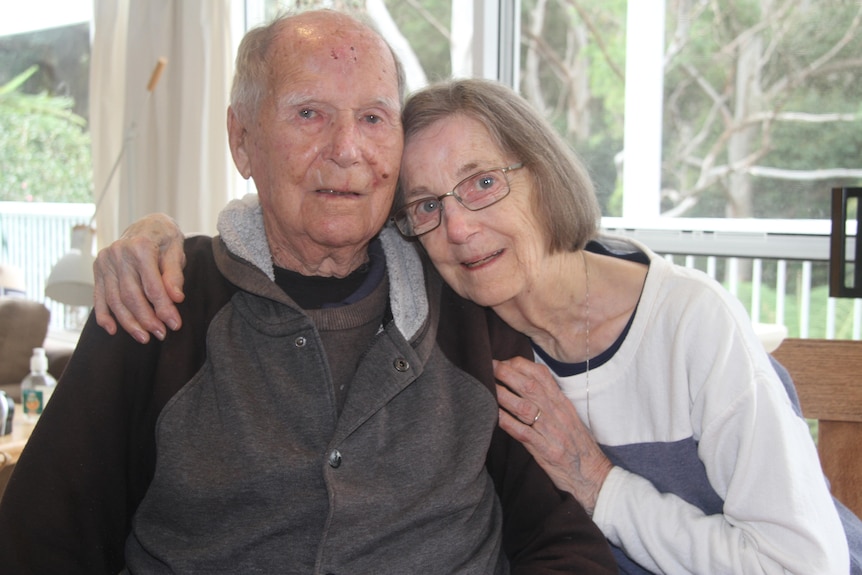 99 year old war veteran, Jack Bartlett being hugged by his younger sister, Jan Bartlett at his Avoca Beach home. April 2023 