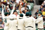 Mitch Starc celebrates with teammates by holding up his hand