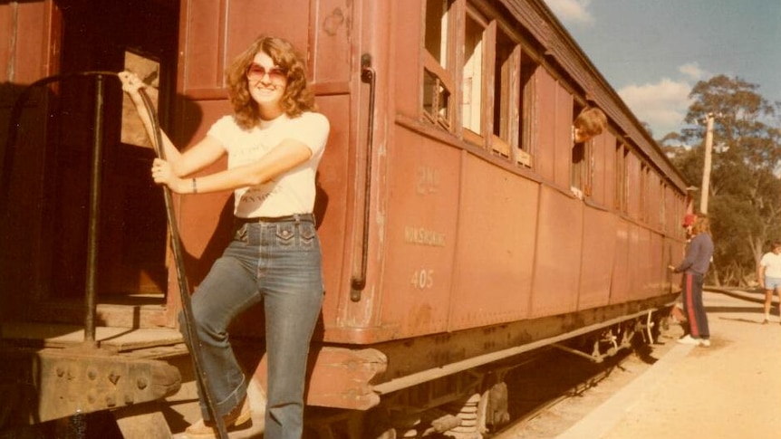 A young Sue Manning on a train