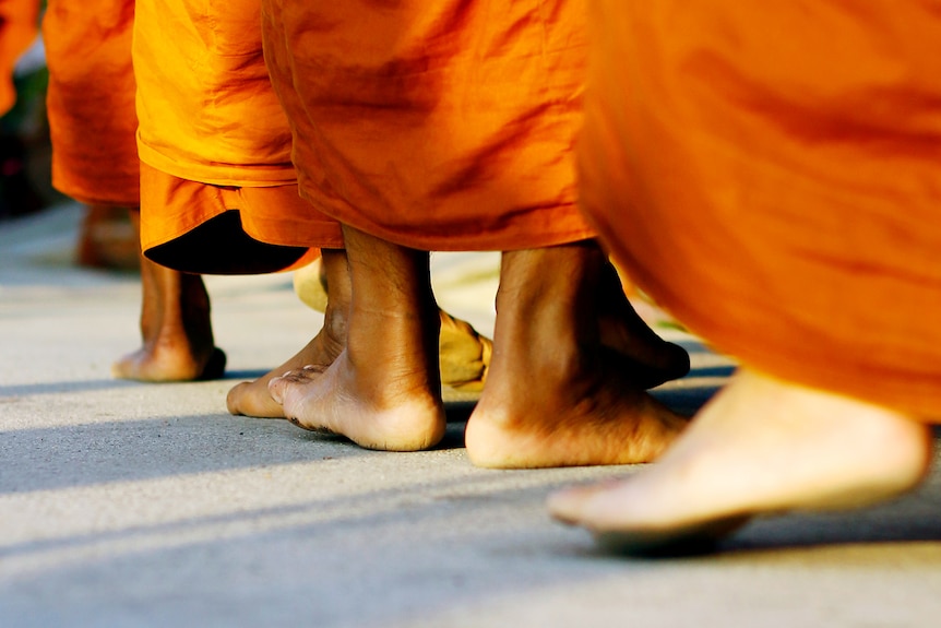Monks wearing orange robes walk on a path at Buddhist temple.