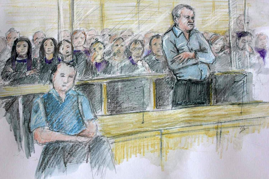 Drawing of man standing with arms crossed in court