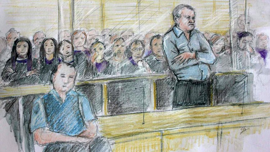 Drawing of man standing with arms crossed in court