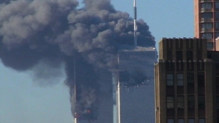 A still image from footage Christopher Gilbert shot of the World Trade Centre at 9.15am on September 11, 2001.