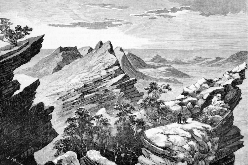 A beautiful landscape lithograph of jaggard rocky peaks and protrusions