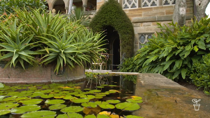 Water feature and gardens of an old abbey in background