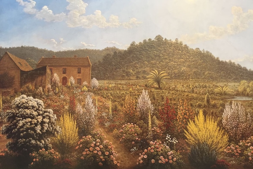 A painting of a homestead by John Glover with colourful flowers in the foreground and a hill in the background.
