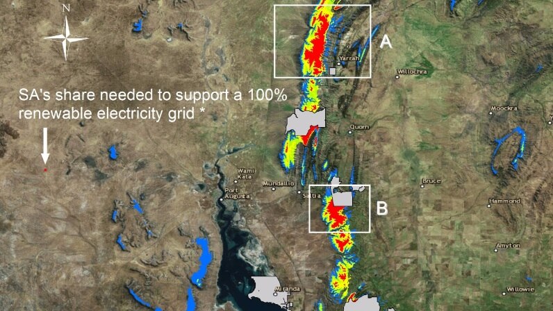 Potential pumped hydro sites and slopes across various parts of SA on a map.