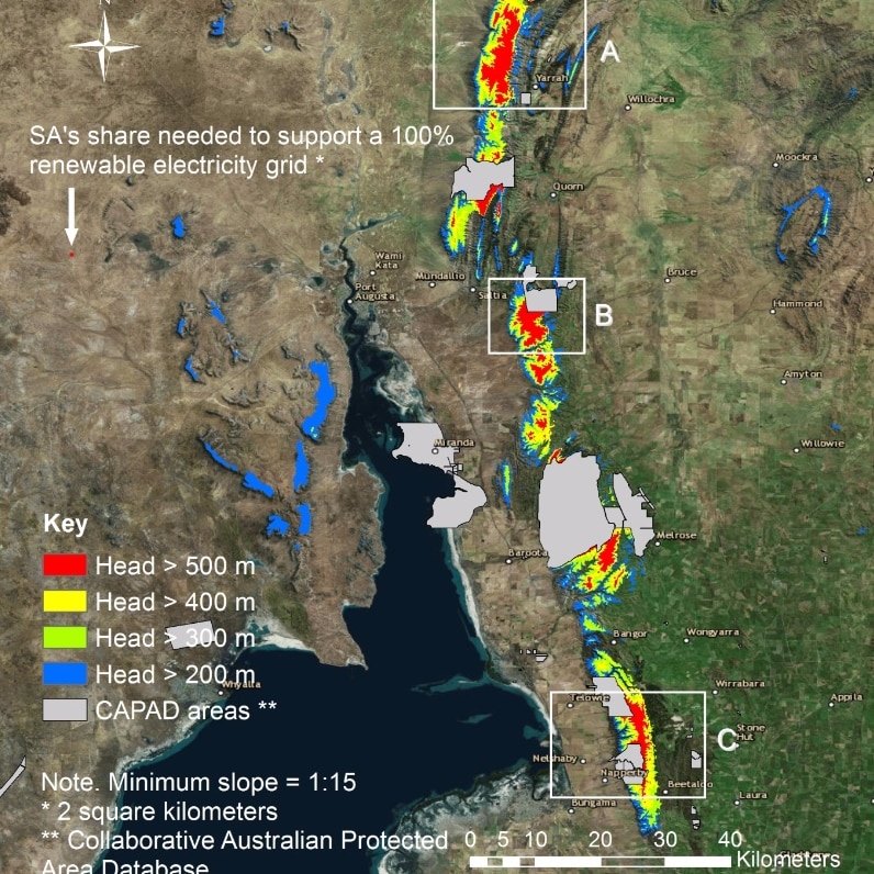 Potential pumped hydro sites and slopes across various parts of SA on a map.