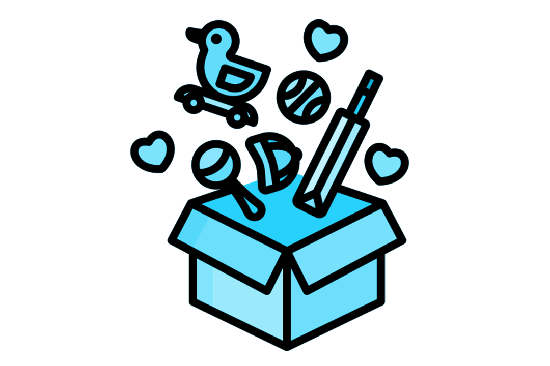 A blue cartoon box has a range of toys bursting out of it over the word 'miscellaneous'