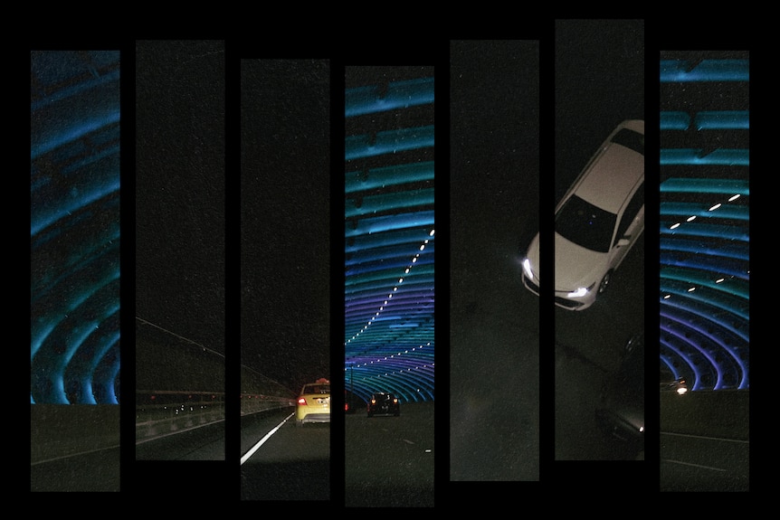 A collage of vertical bars showing parts of scenes involving cars driving at night. One of them is a colourful tunnel.