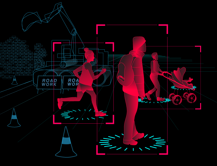 An illustration shows road works blocking a lane of traffic and three people walking across the other. One person pushes a pram