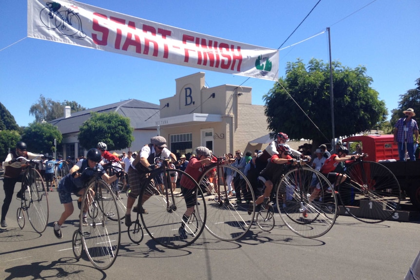 Penny farthing riders take off