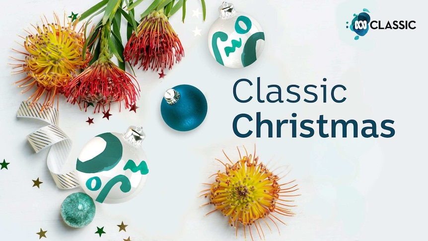 Grevillias and Christmas baubles are grouped together with some stars and ribbons and the text "Classic Christmas"