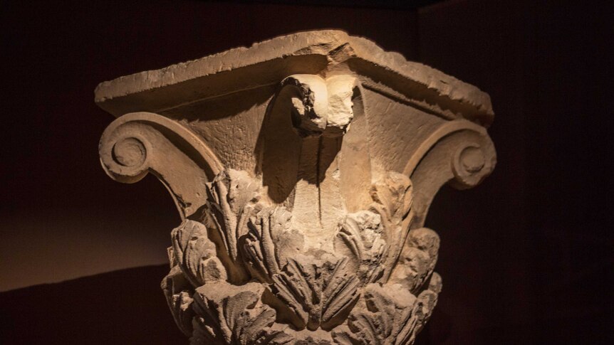 Limestone Corinthian capital from before 145 BCE, from a building in the city of Ai Khanum, northern Afghanistan.