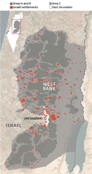 A map shows the West Bank territory with blue shading indicating Israeli settlements throughout