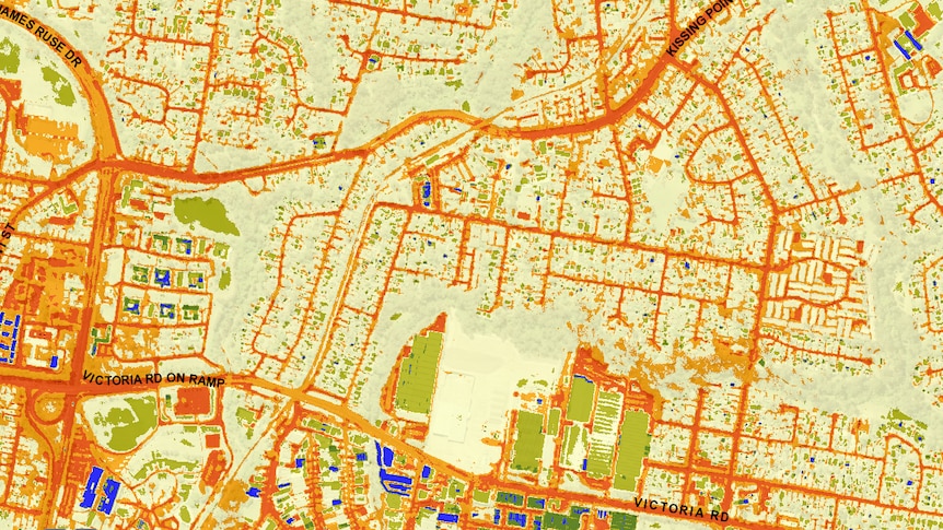 The same view at night, showing how thermally dense roads stay hot long after the roofs cool down. (Supplied: Parramatta Heat Map)