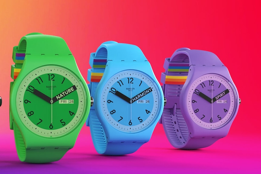 A marketing photo of different brightly-coloured watches. 