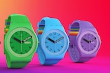 A marketing photos of different brightly-coloured watches. 
