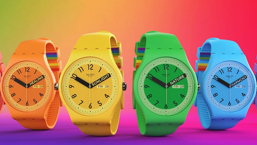 A marketing photo of different brightly-coloured watches. 