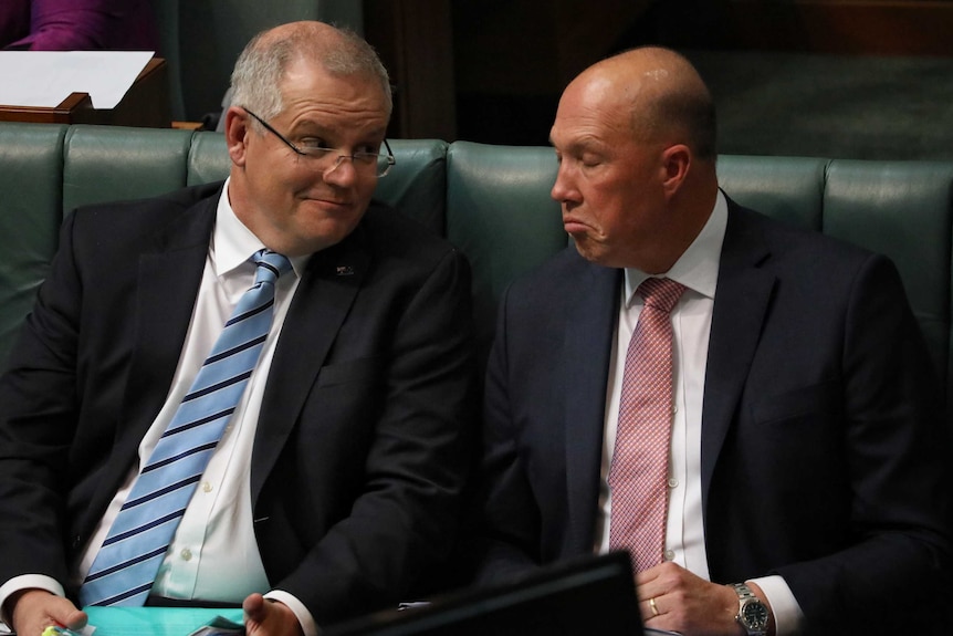 Scott Morrison's eyebrows are raised, Peter Dutton has his eyes closed and mouth twisted into a comical frown.