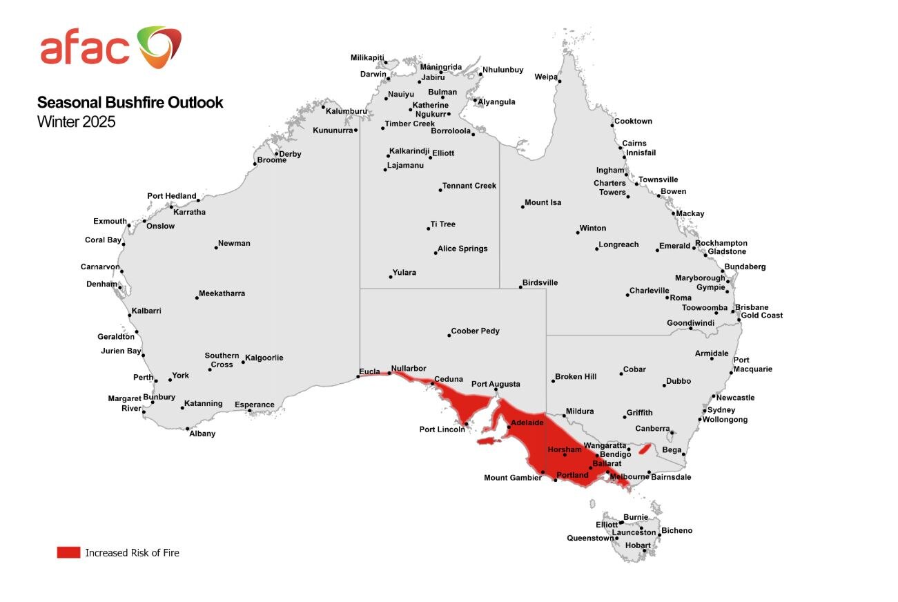 A map of Australia with parts of SA marked in red, indicating an increased fire risk