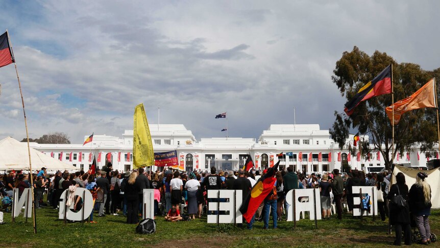 A crowd gathered at the Aboriginal Tent Embassy.