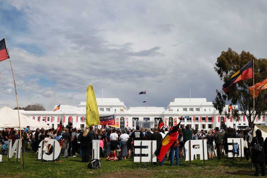 A crowd gathered at the Aboriginal Tent Embassy.