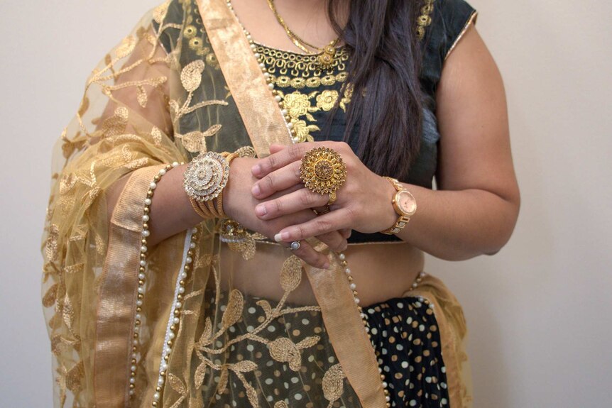 Close-up of an Indian saree work by designer.