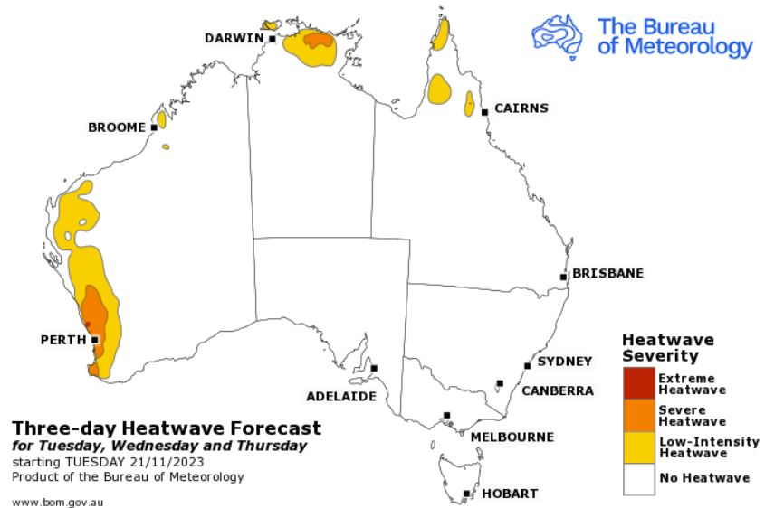 Map of heatwave conditions WA November
