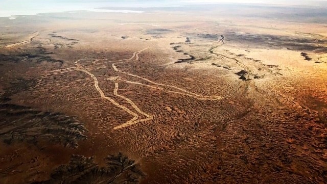 The Marree Man in the South Australian desert seen from an aeroplane.