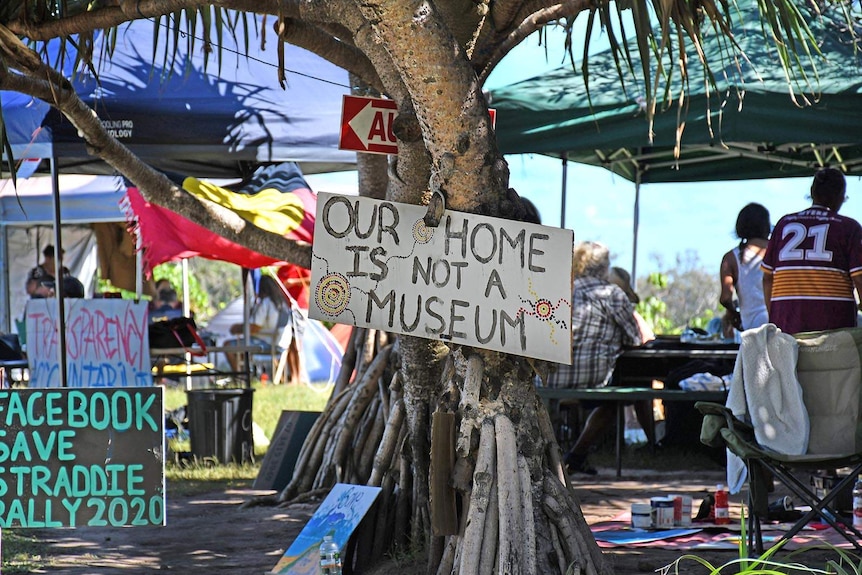 Signs in an Indigenous protest camp on North Stradbroke Island