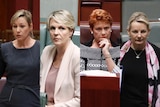 A composite image of four female politicians, two in the red senate chamber, two in the blue house of representatives