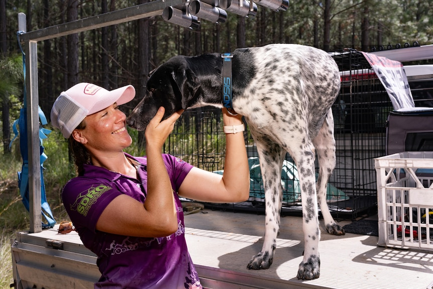 A smiling woman pats a large dog standing on the back of ute.