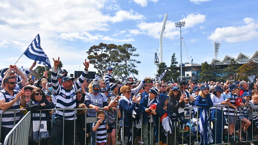 A crowd of Geelong Cats supporters celebrating.