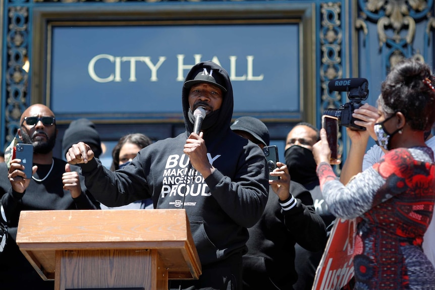 Jamie Foxx speaks during a rally against the death in Minneapolis police custody of George Floyd