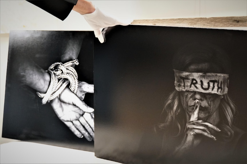 Photos of hands tied and a woman in a blindfold that says 'truth' on the fabric