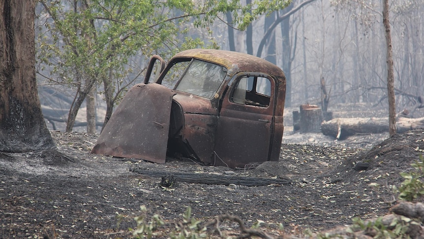 The remains of a burnt out car in Wytaliba, NSW on November 13, 2019.